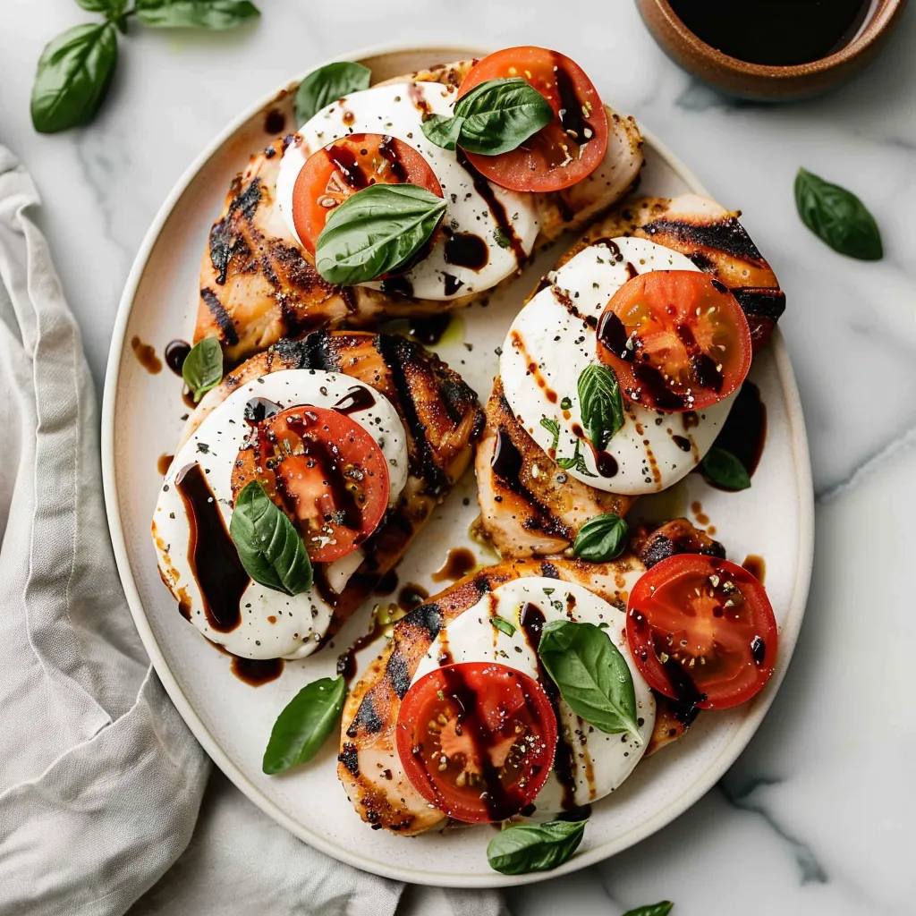 A plate of chicken with tomatoes and basil.