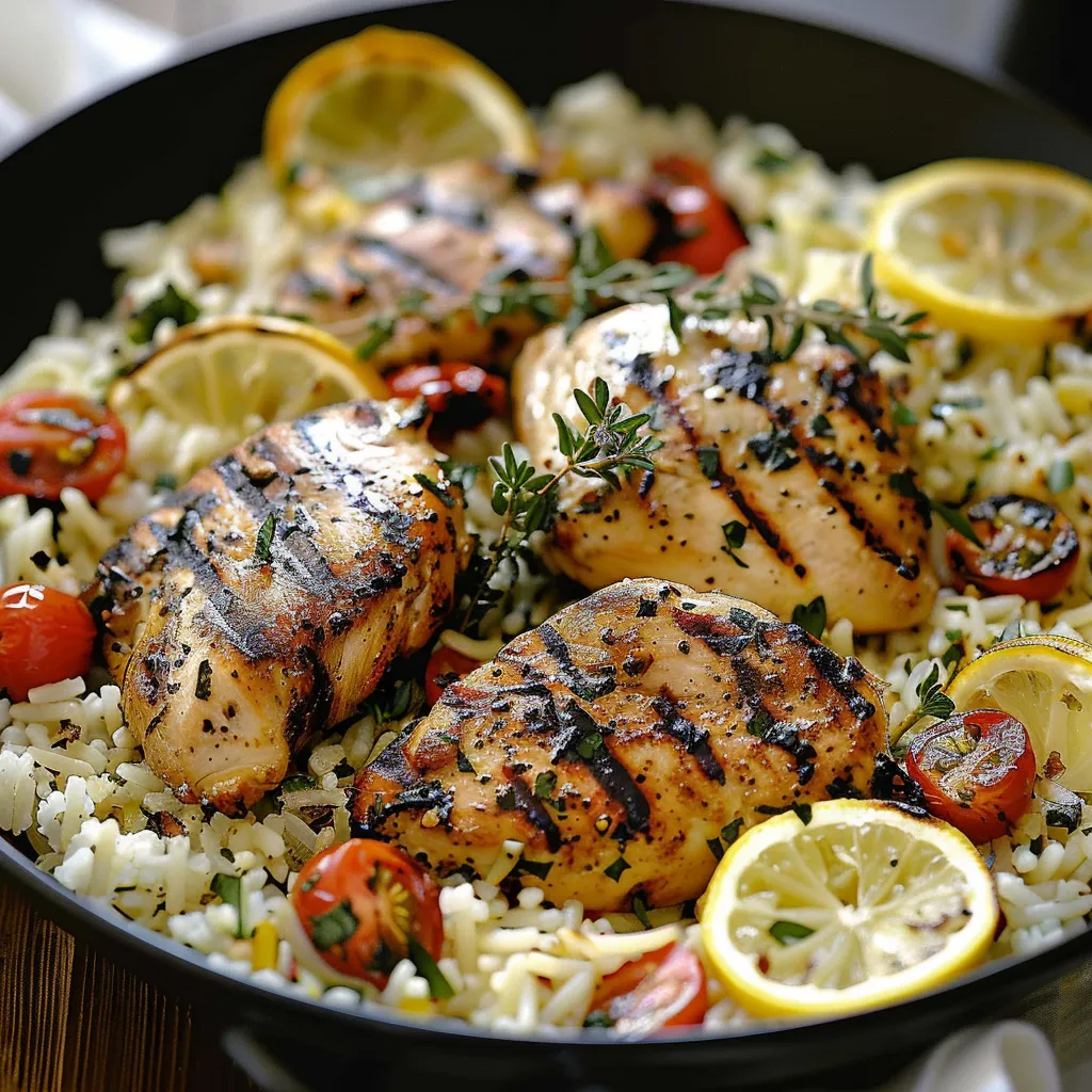 A bowl of rice with chicken and lemon wedges.