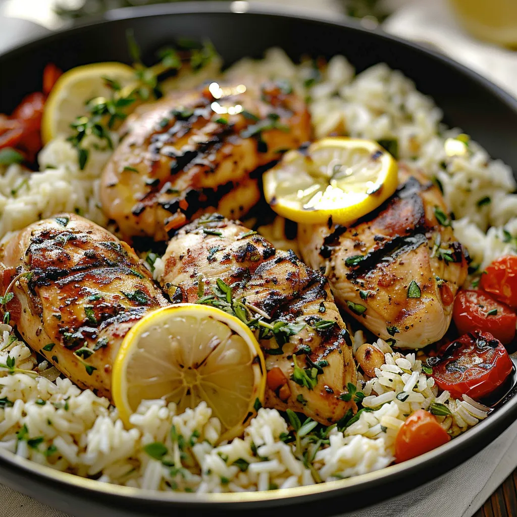 A bowl of rice with chicken and lemon.
