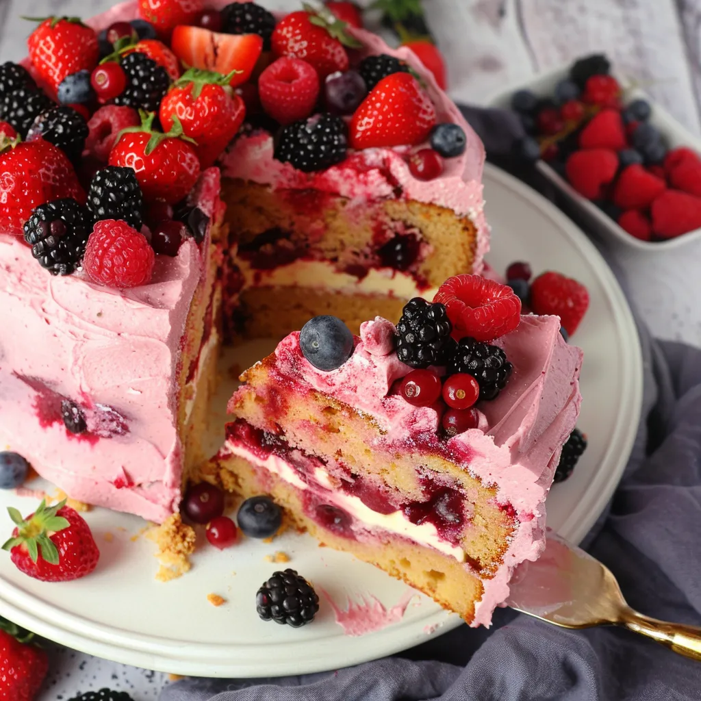 A slice of cake with strawberries and blueberries on top.