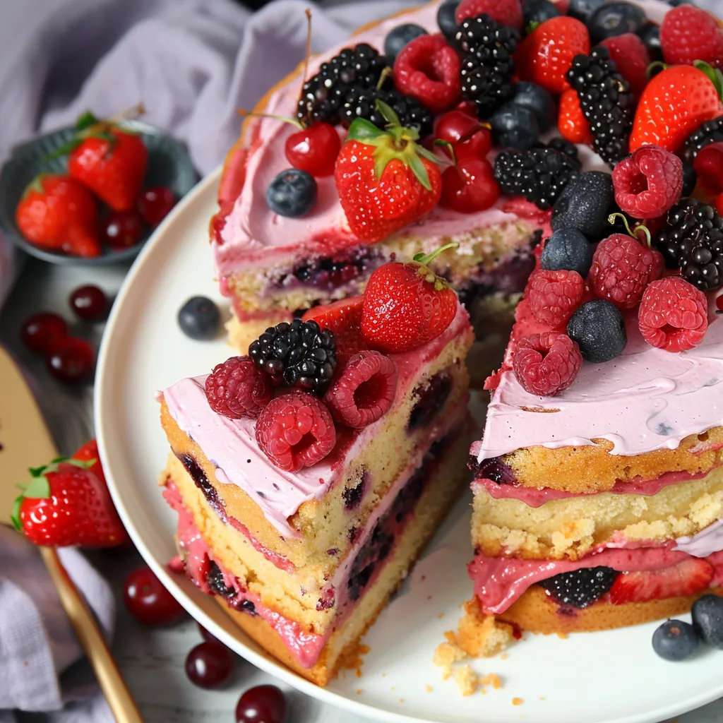A slice of cake with berries on top.