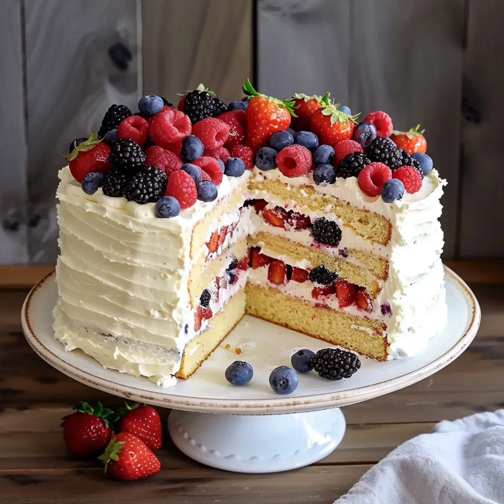 A cake with berries and strawberries on top.