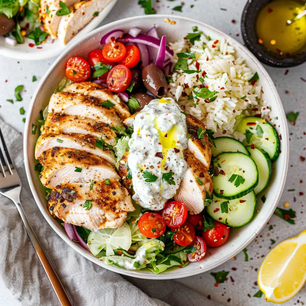 A bowl of food with chicken, tomatoes, cucumbers, and rice.