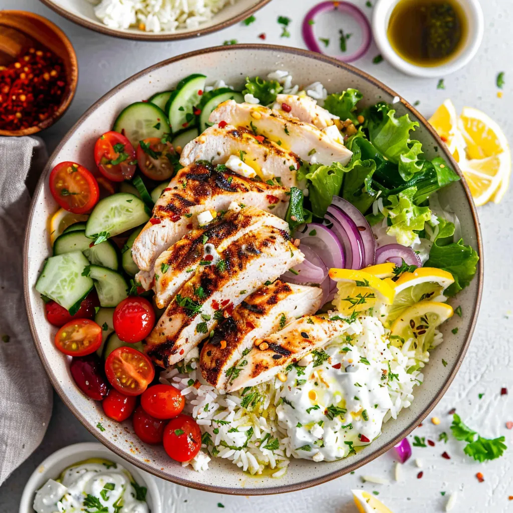 A bowl of food with chicken, rice, tomatoes, cucumbers, onions, and lemon.
