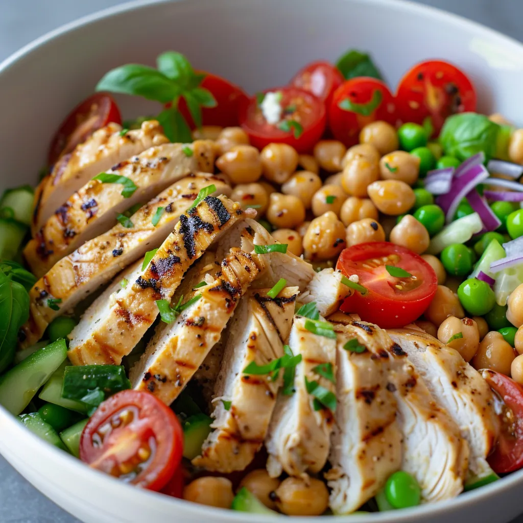 A bowl of food with chicken, tomatoes, beans, and lettuce.