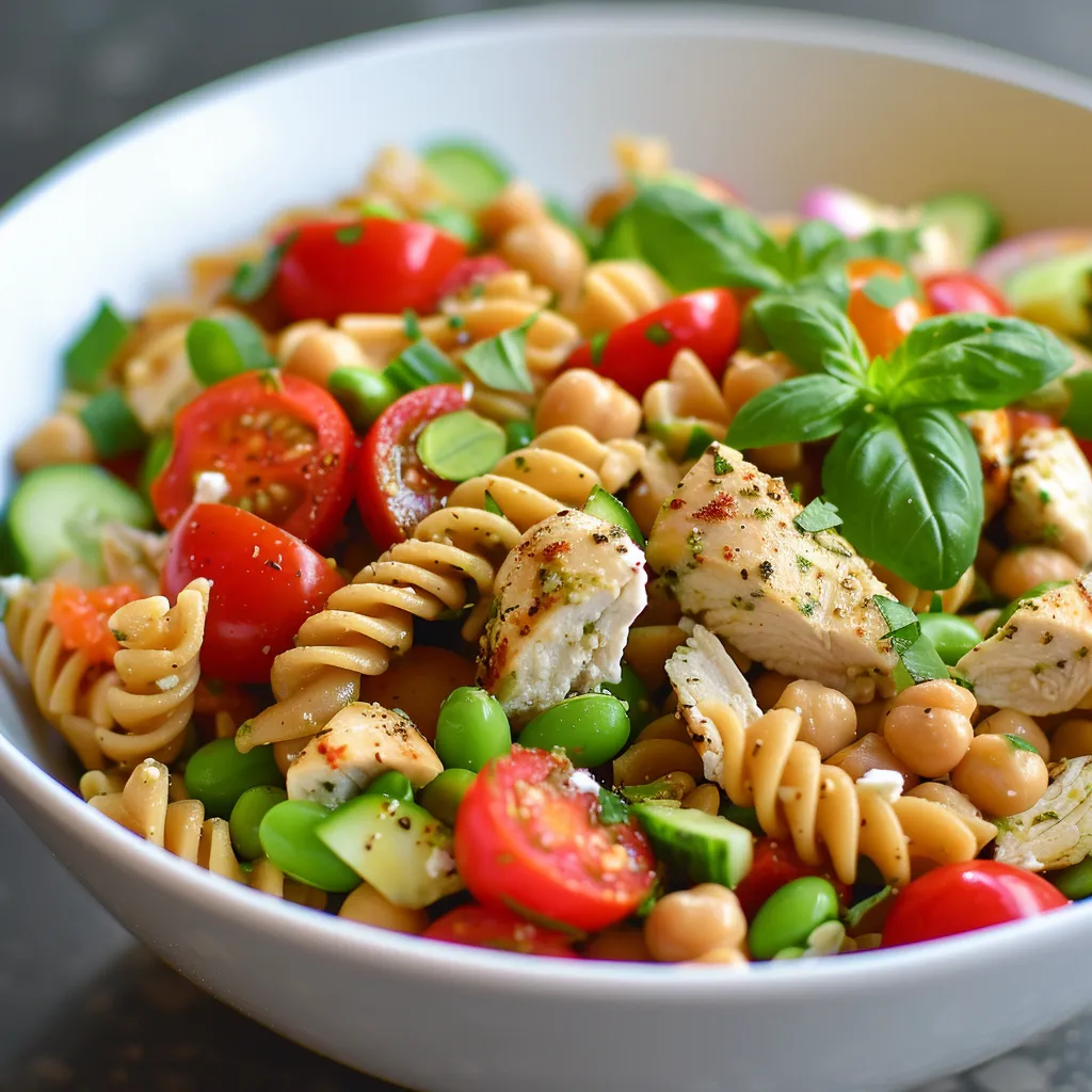 A bowl of pasta salad with chicken, tomatoes, cucumbers, and basil.