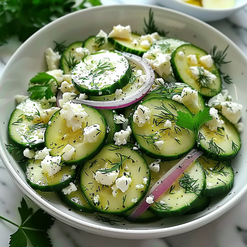 A white bowl filled with sliced cucumbers and feta cheese.