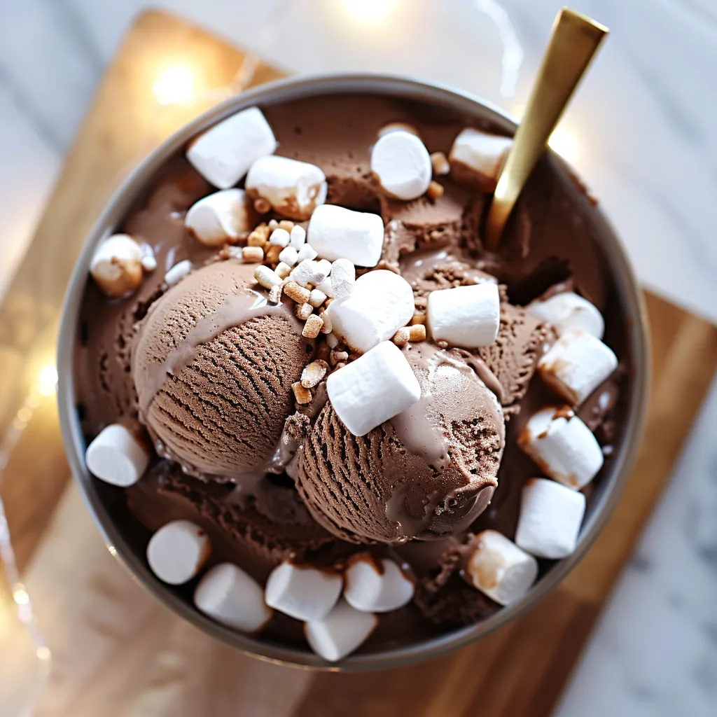 A bowl of chocolate ice cream with marshmallows and a gold spoon.