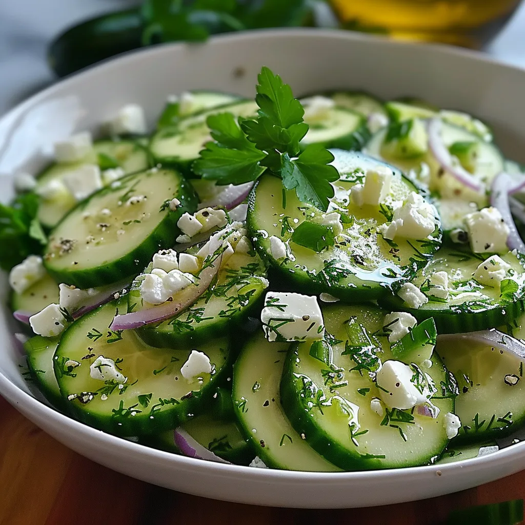 A white bowl filled with sliced cucumbers and cheese.