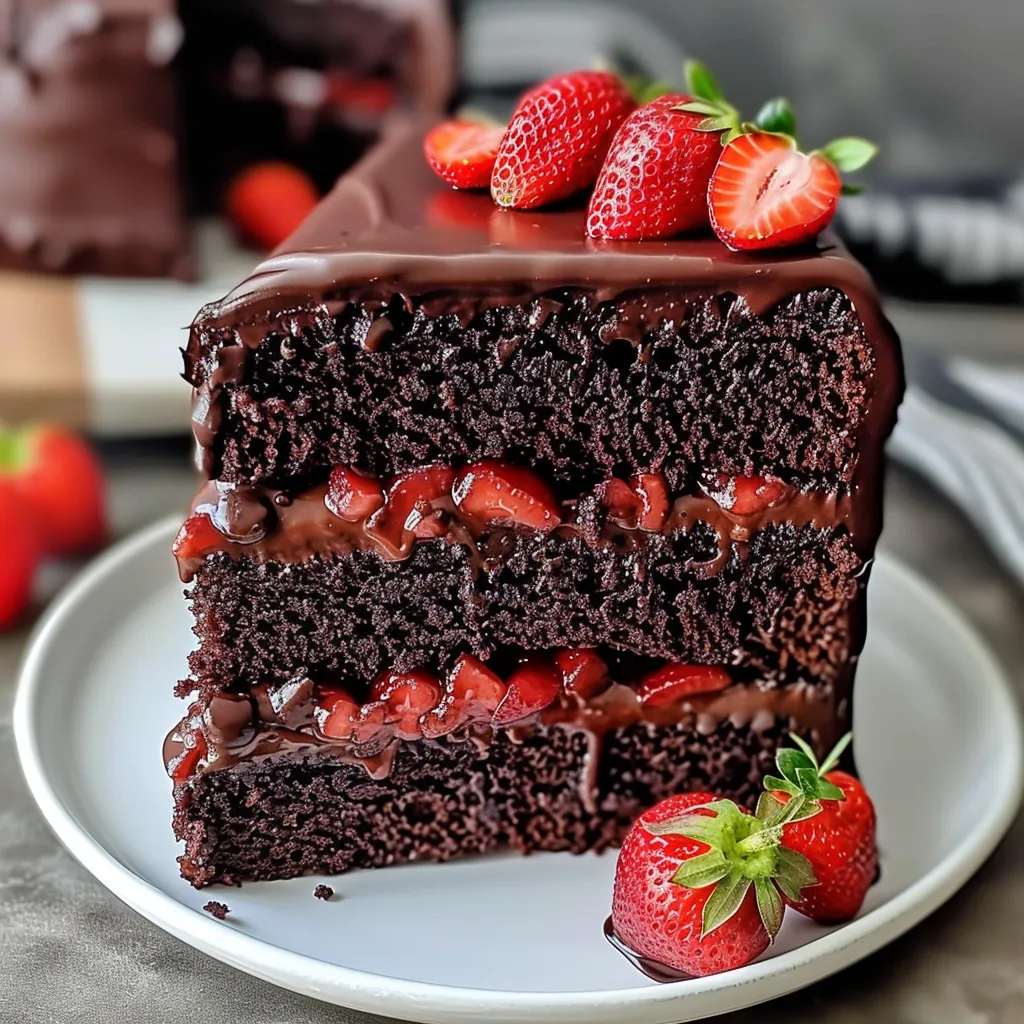 A slice of chocolate cake with strawberries on top.