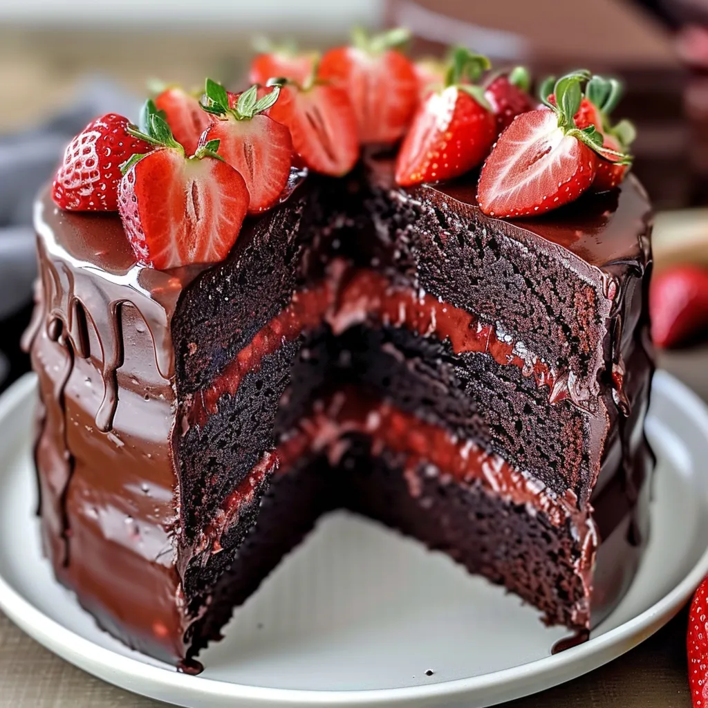 A slice of chocolate cake with strawberries on top.