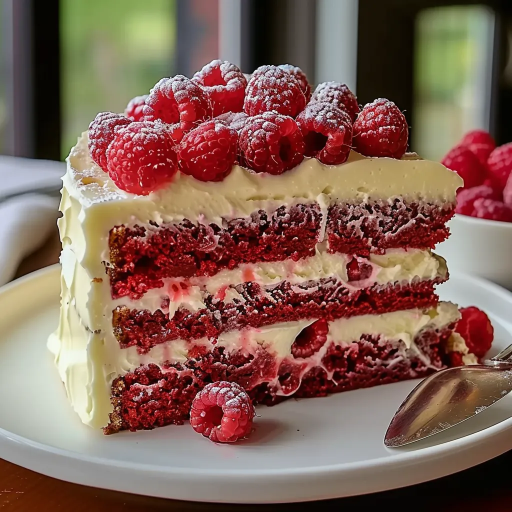 A slice of red velvet cake with raspberries on top.