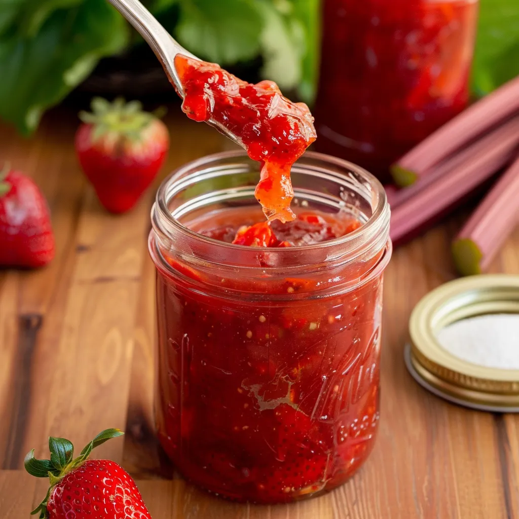 A jar of strawberry jam is being poured into a bowl.