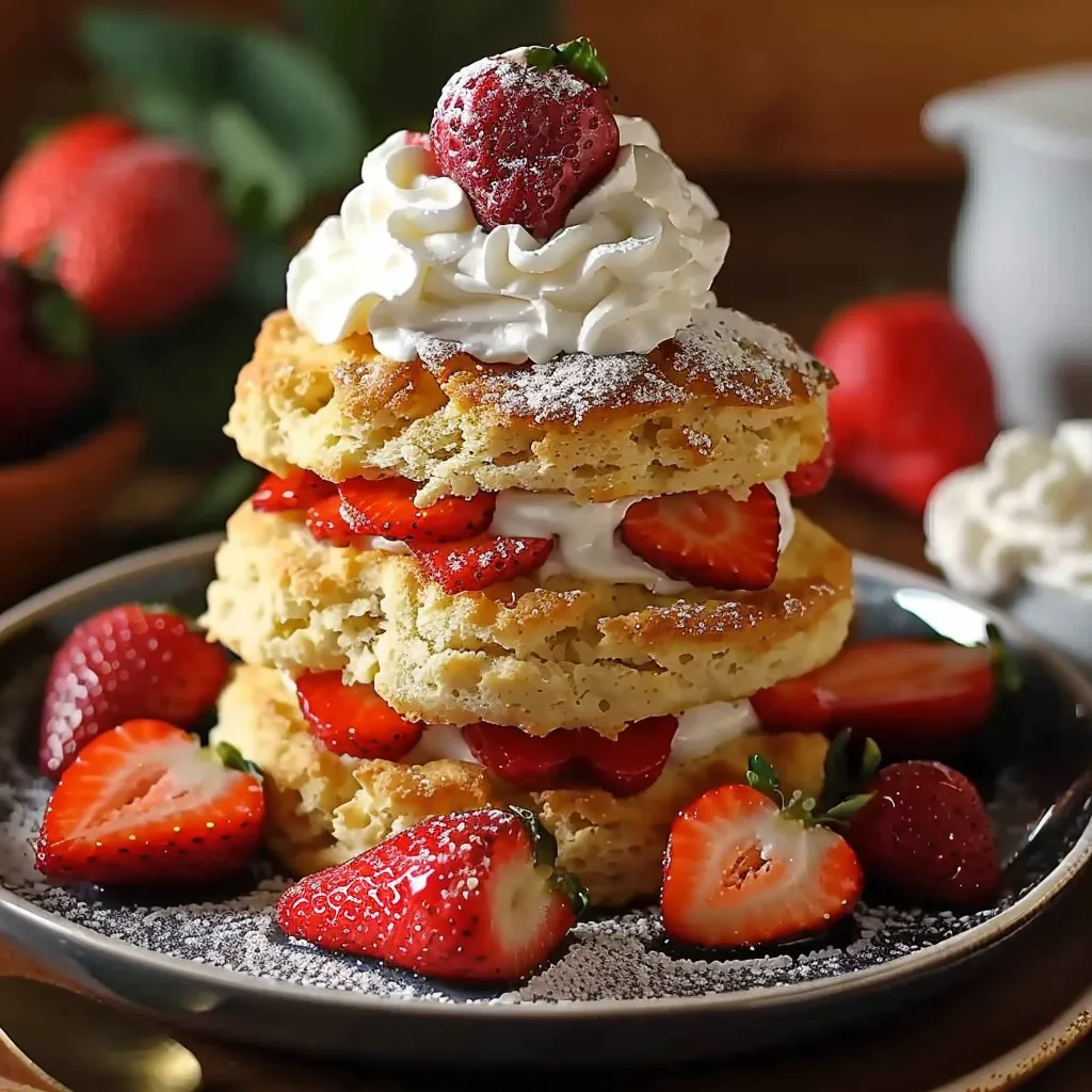 A stack of strawberry shortcake with whipped cream.