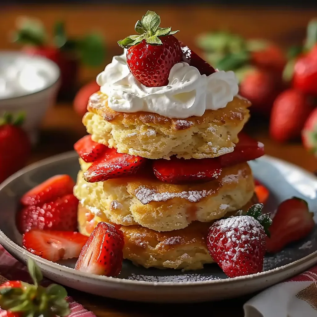 A stack of strawberry shortcake with whipped cream and strawberries.