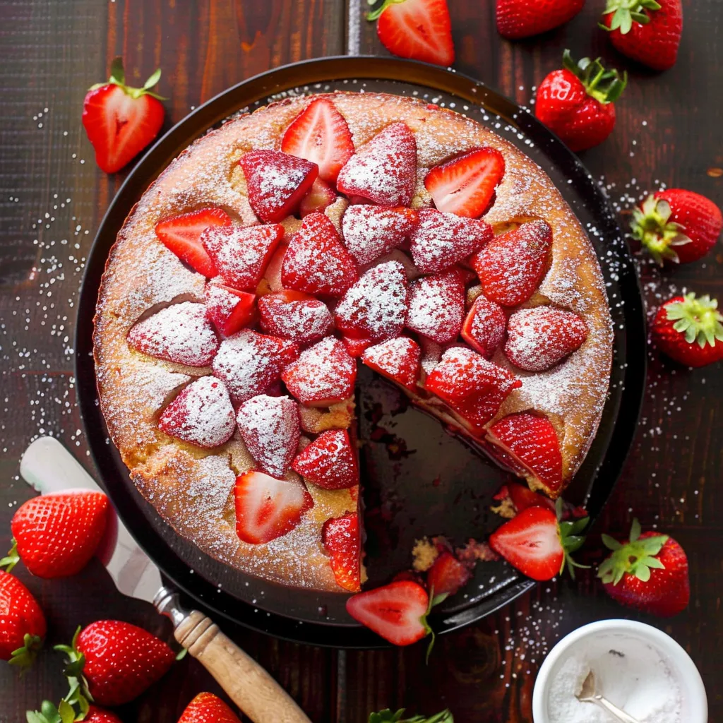 A slice of strawberry cake with powdered sugar on top.