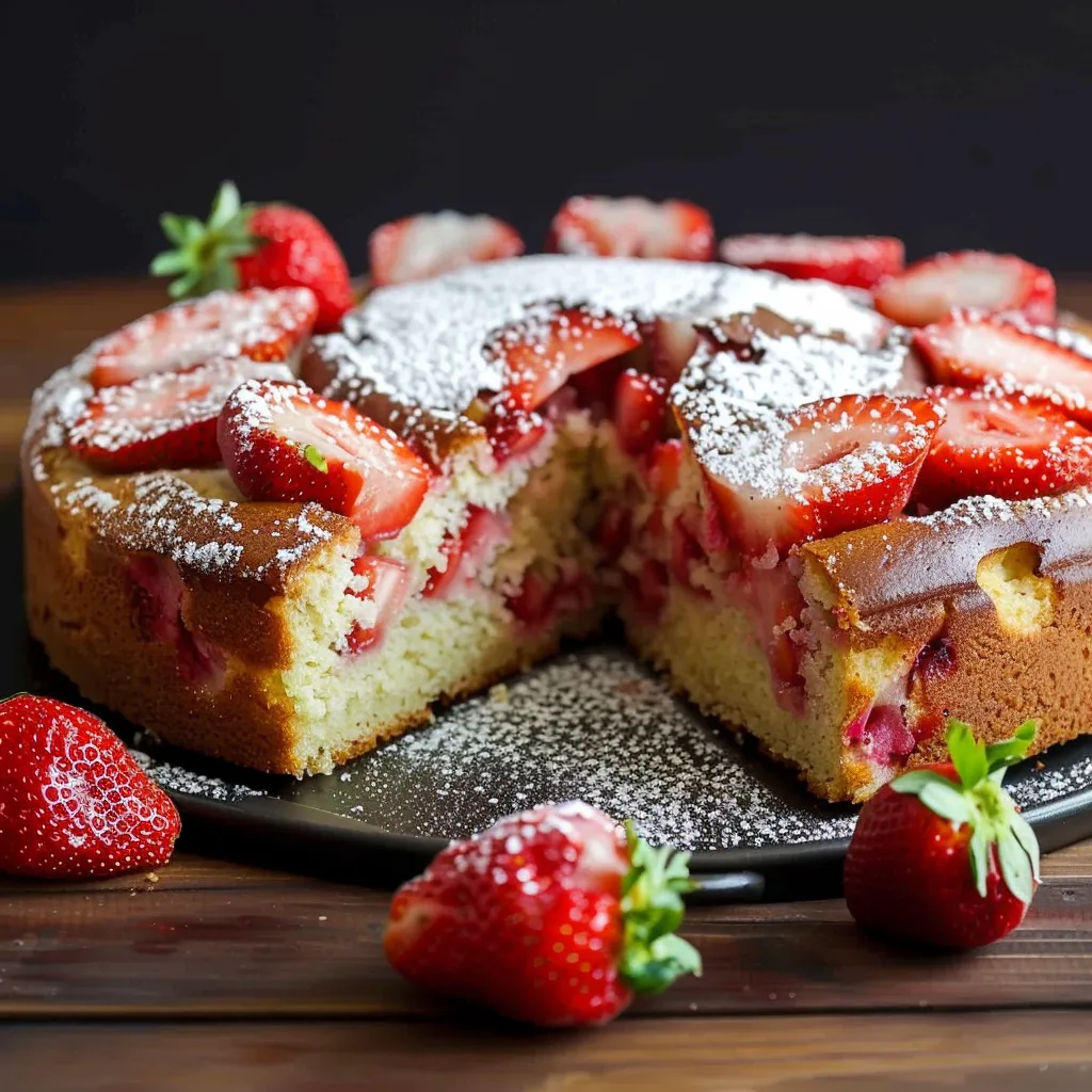 A slice of strawberry cake with powdered sugar.