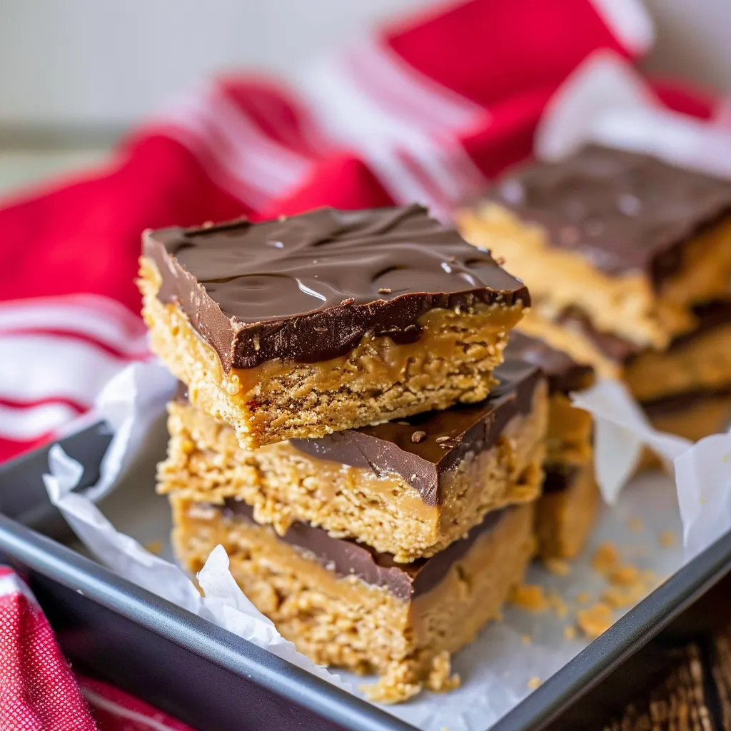 A plate of chocolate and peanut butter bars.