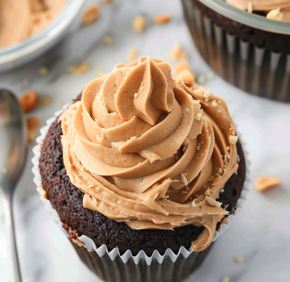 A cupcake with peanut butter frosting.