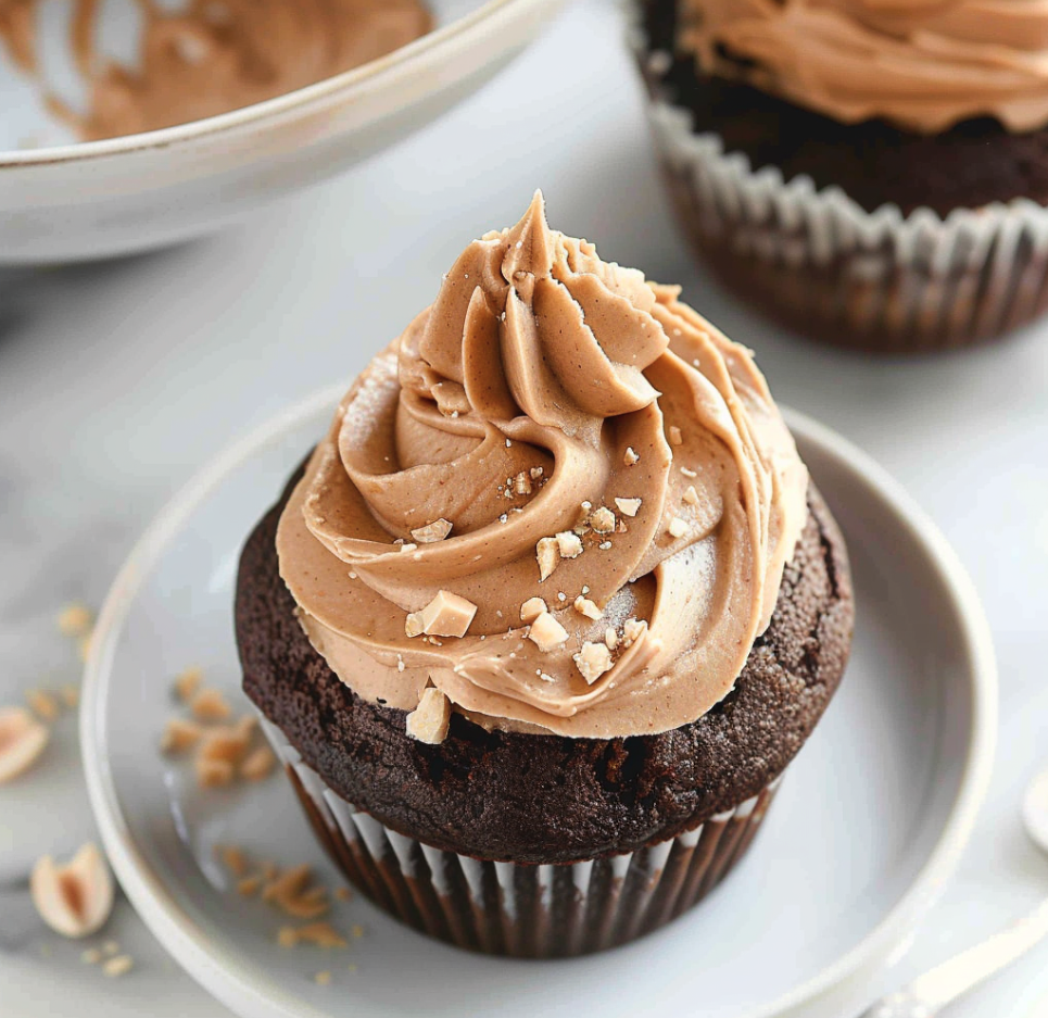 A cupcake with chocolate frosting and peanut butter.