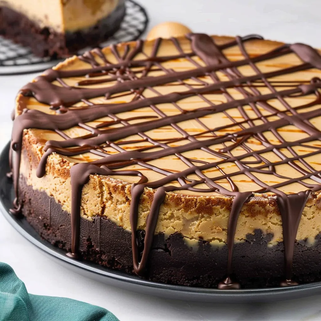 A slice of chocolate cake with caramel drizzle.