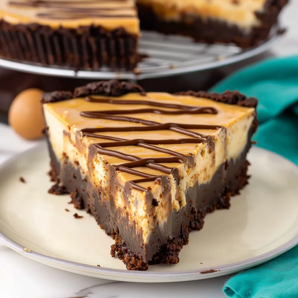 A slice of chocolate cake with caramel drizzle.