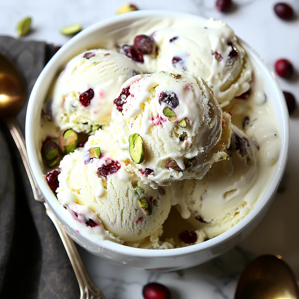 A bowl of ice cream with red berries on top.
