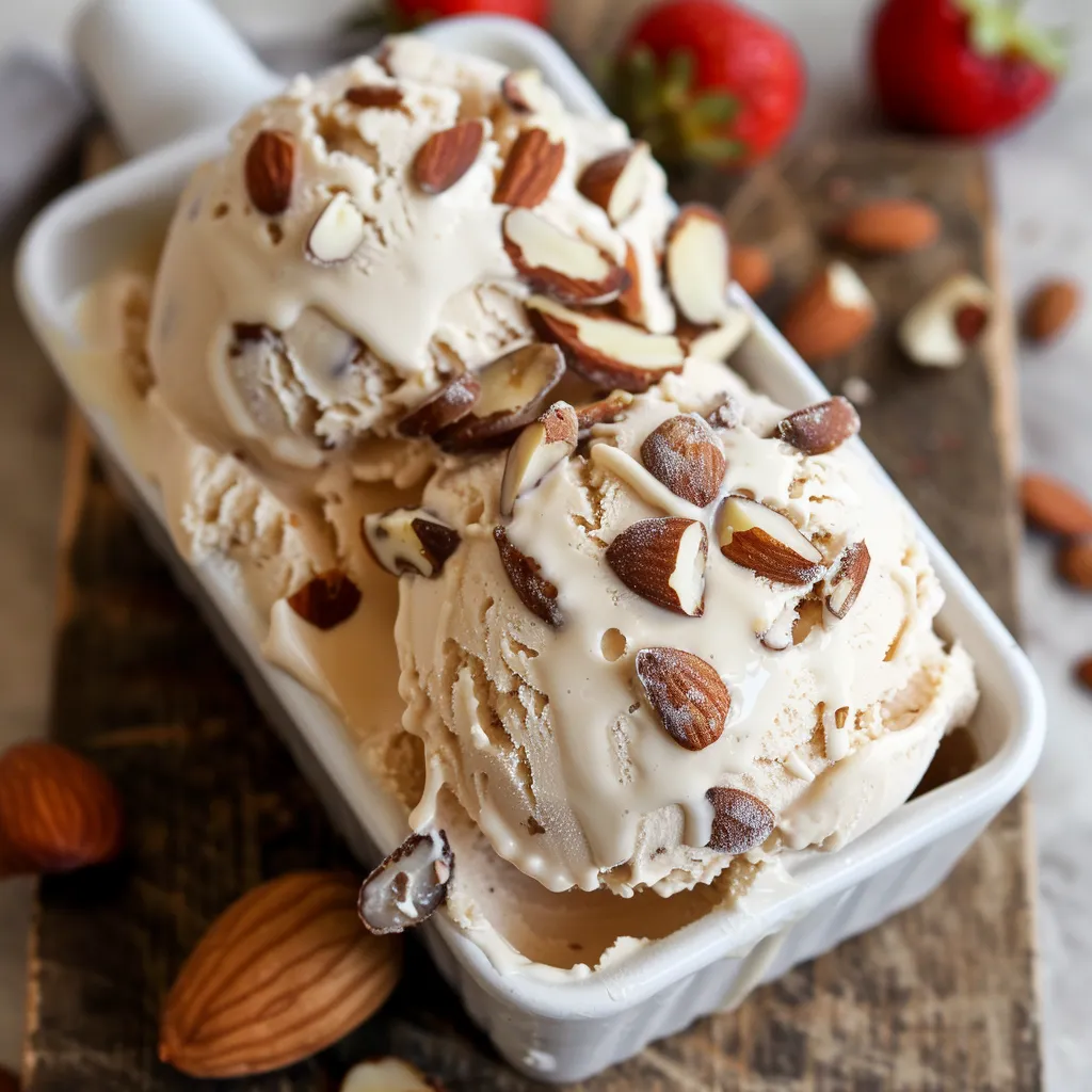 A bowl of ice cream with almonds on top.
