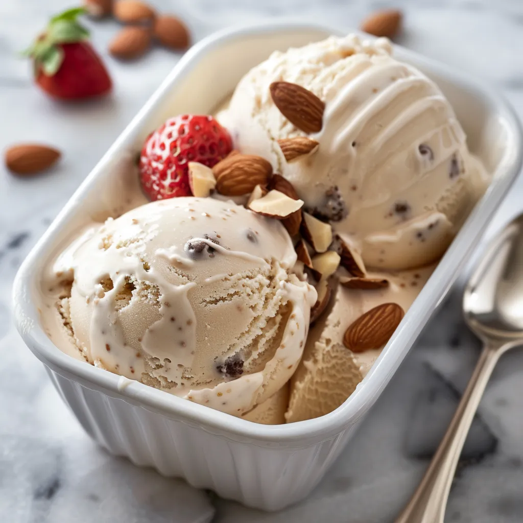 A bowl of ice cream with strawberries and nuts.