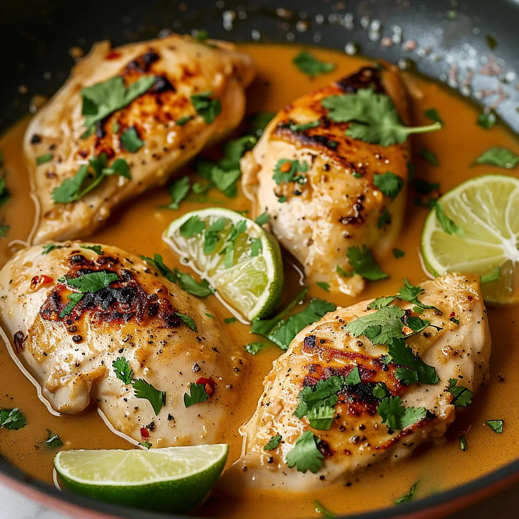 A bowl of chicken with lime wedges.