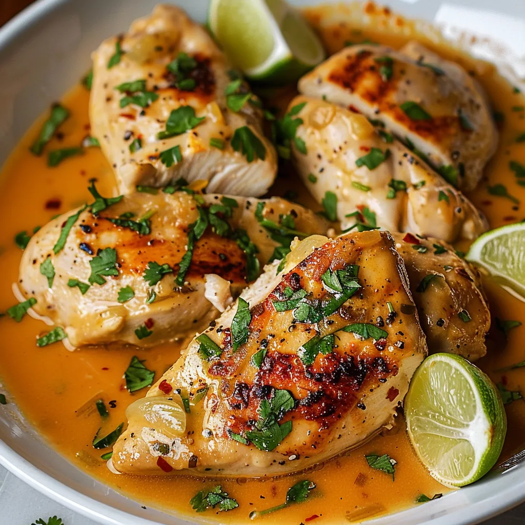A bowl of chicken with lime wedges on top.