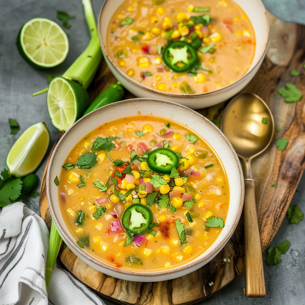 Two bowls of soup with corn and peppers.