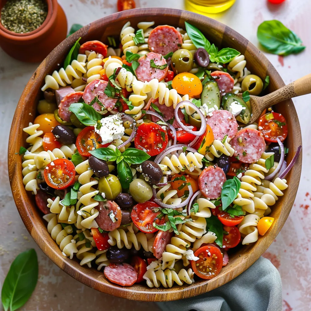 A bowl of pasta with tomatoes, olives, and sausage.