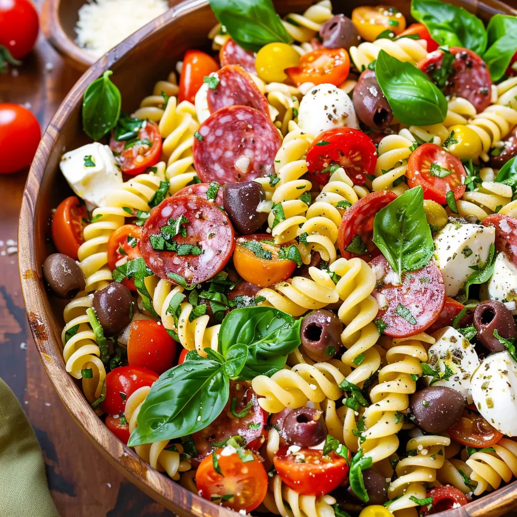 A bowl of pasta with tomatoes, olives, and cheese.