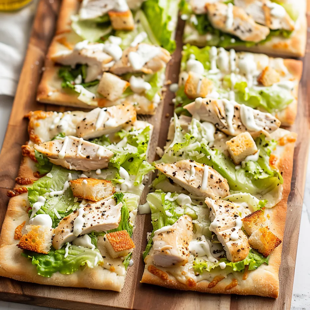 A pizza with chicken and lettuce on a wooden board.