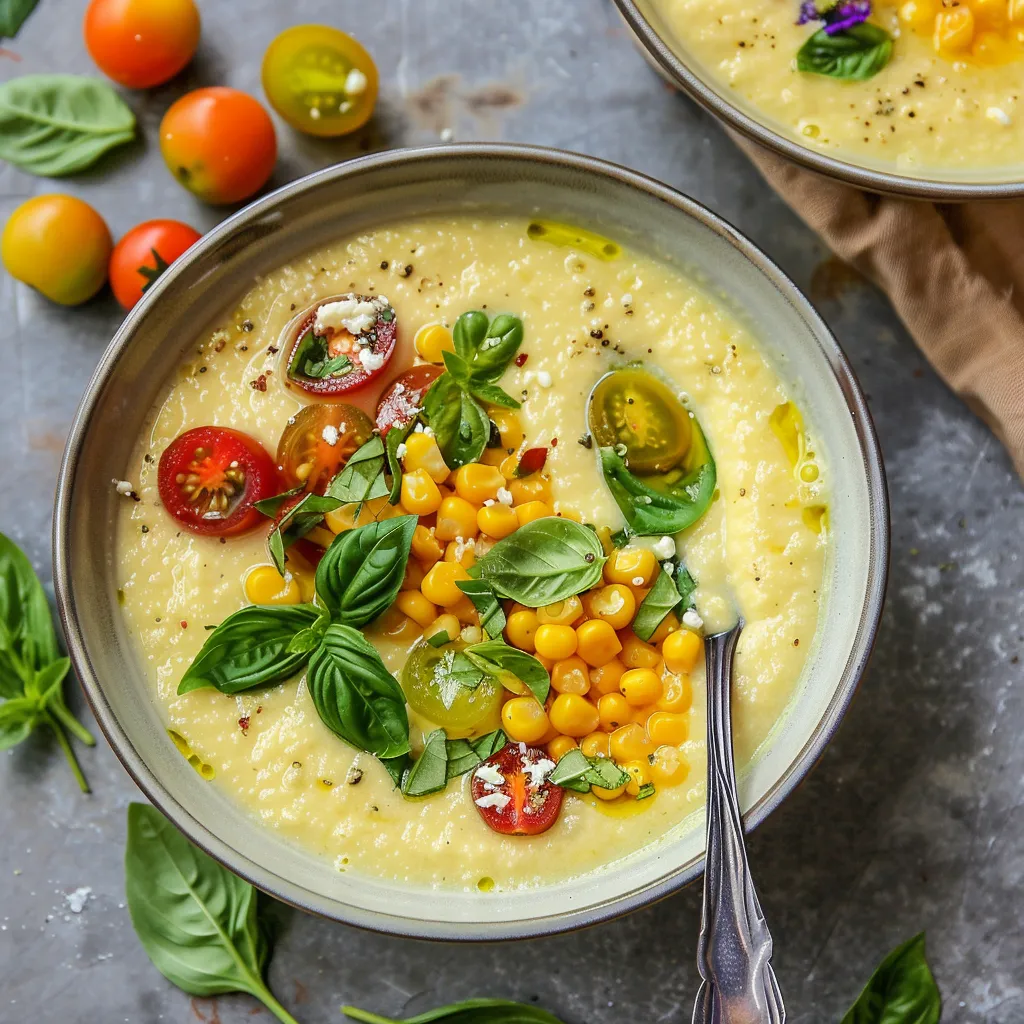 A bowl of soup with tomatoes, corn, and basil.
