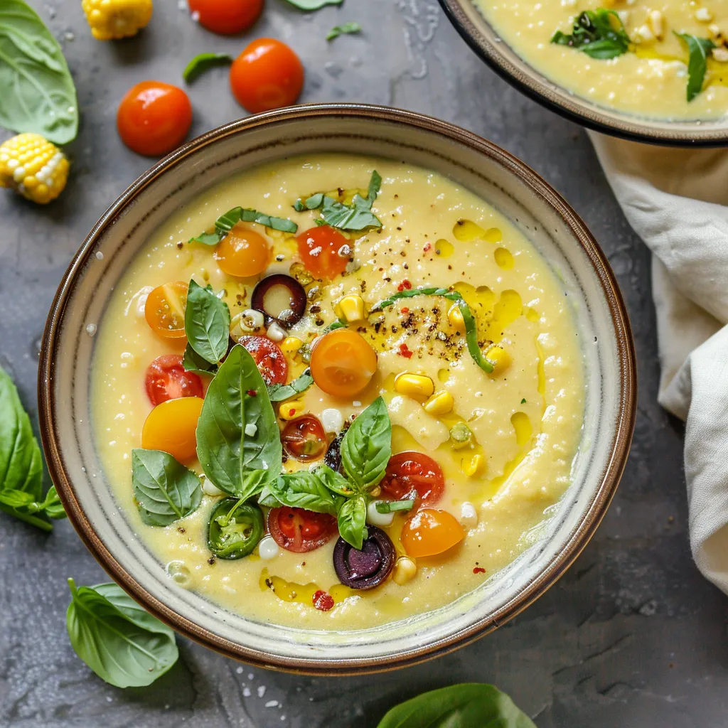 A bowl of soup with tomatoes, corn, and basil.