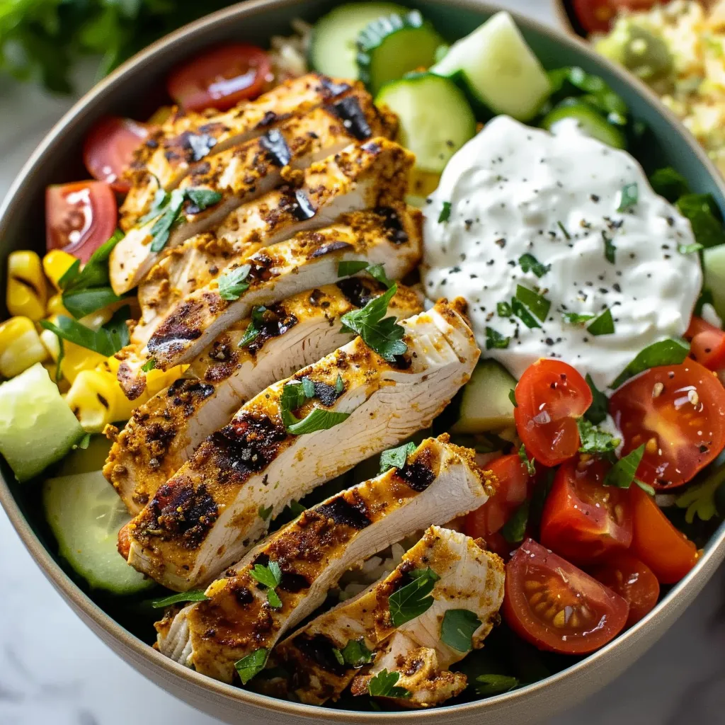 A bowl of food with chicken, tomatoes, cucumbers, and a white sauce.