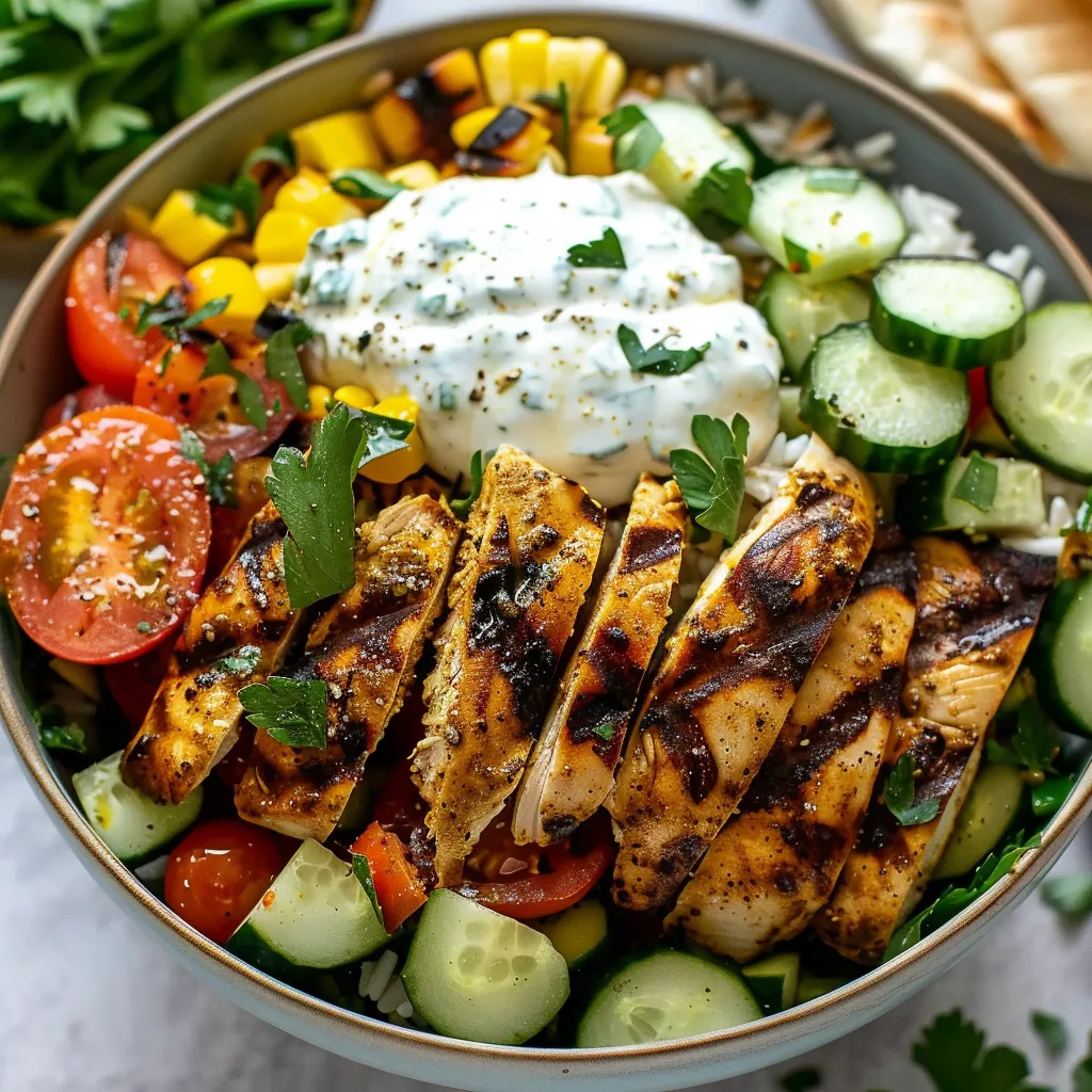 A bowl of food with chicken, rice, and vegetables.