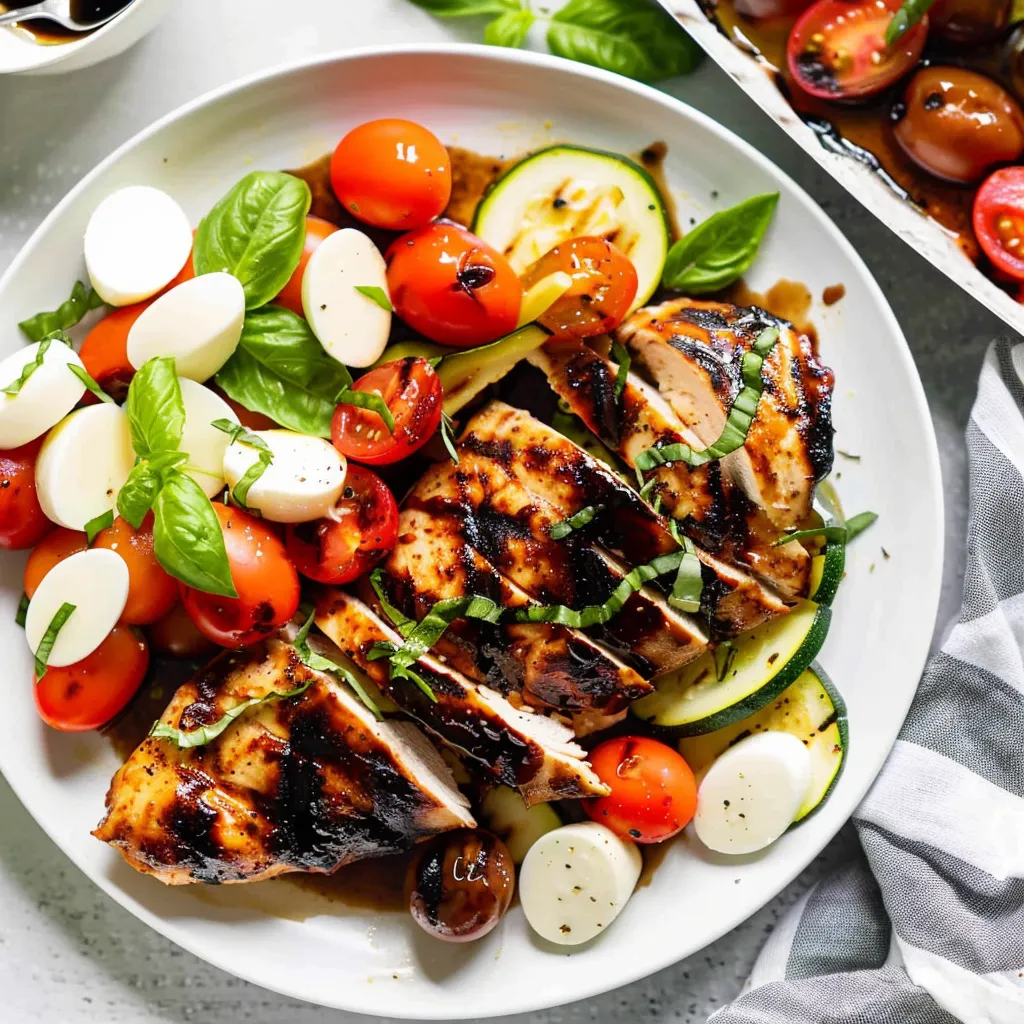 A plate of food with chicken, tomatoes, zucchini, and cheese.