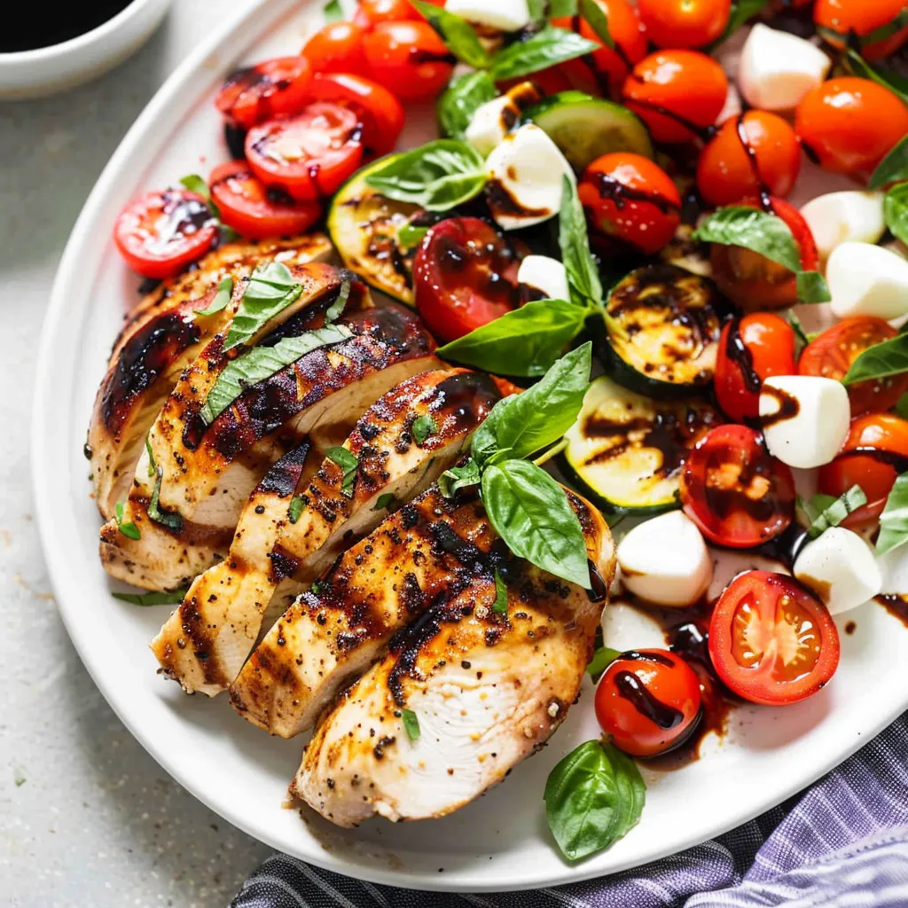 A plate of food with chicken, tomatoes, and cheese.