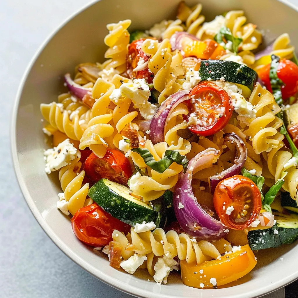 A bowl of pasta with tomatoes, zucchini, and onions.