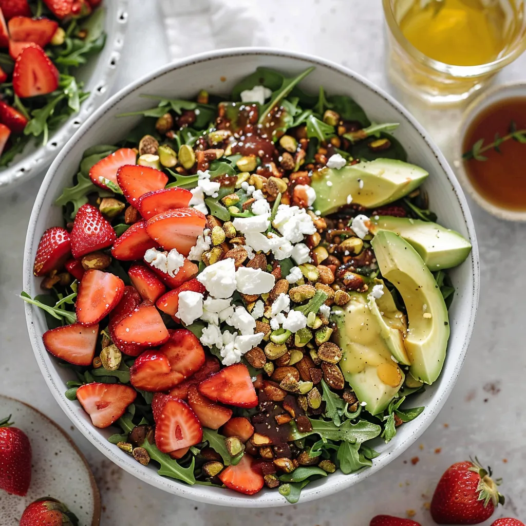 A bowl of salad with strawberries and feta cheese.