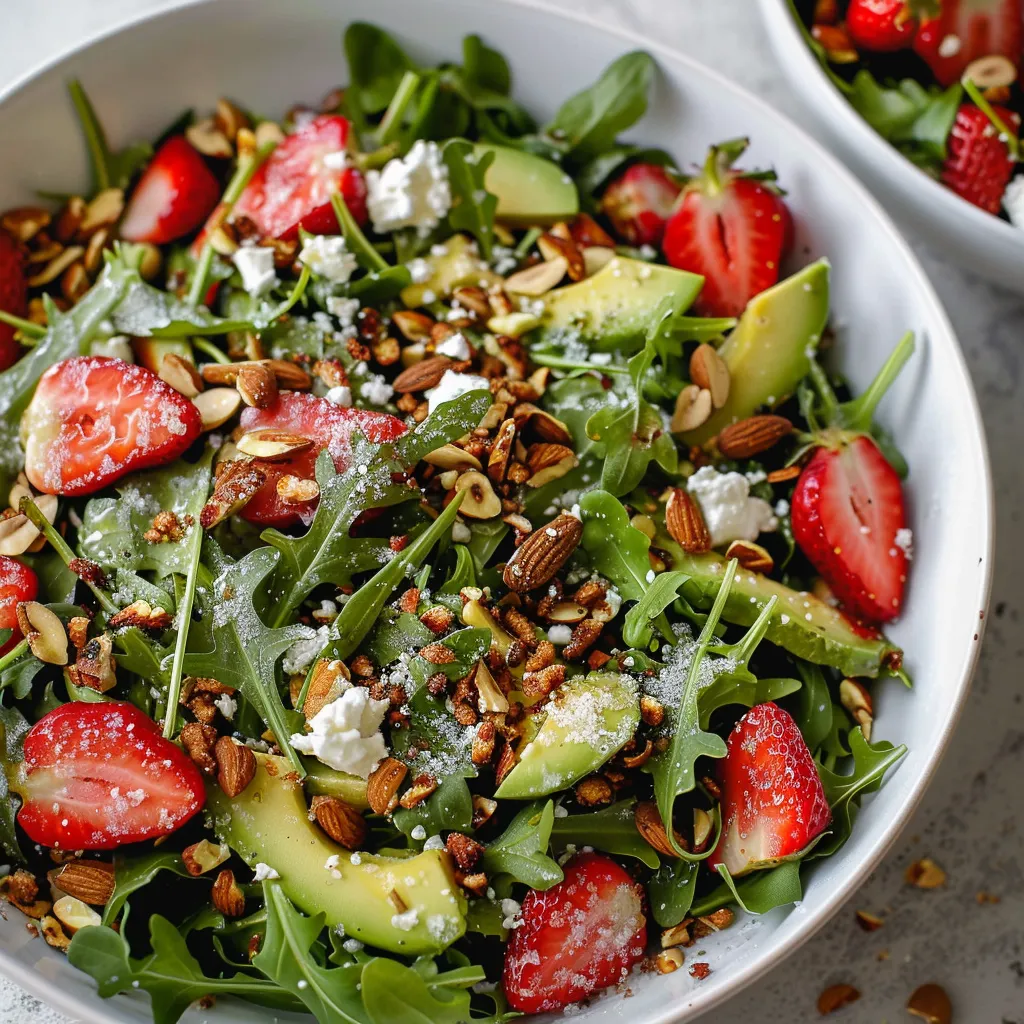 A bowl of salad with strawberries, avocado, and nuts.
