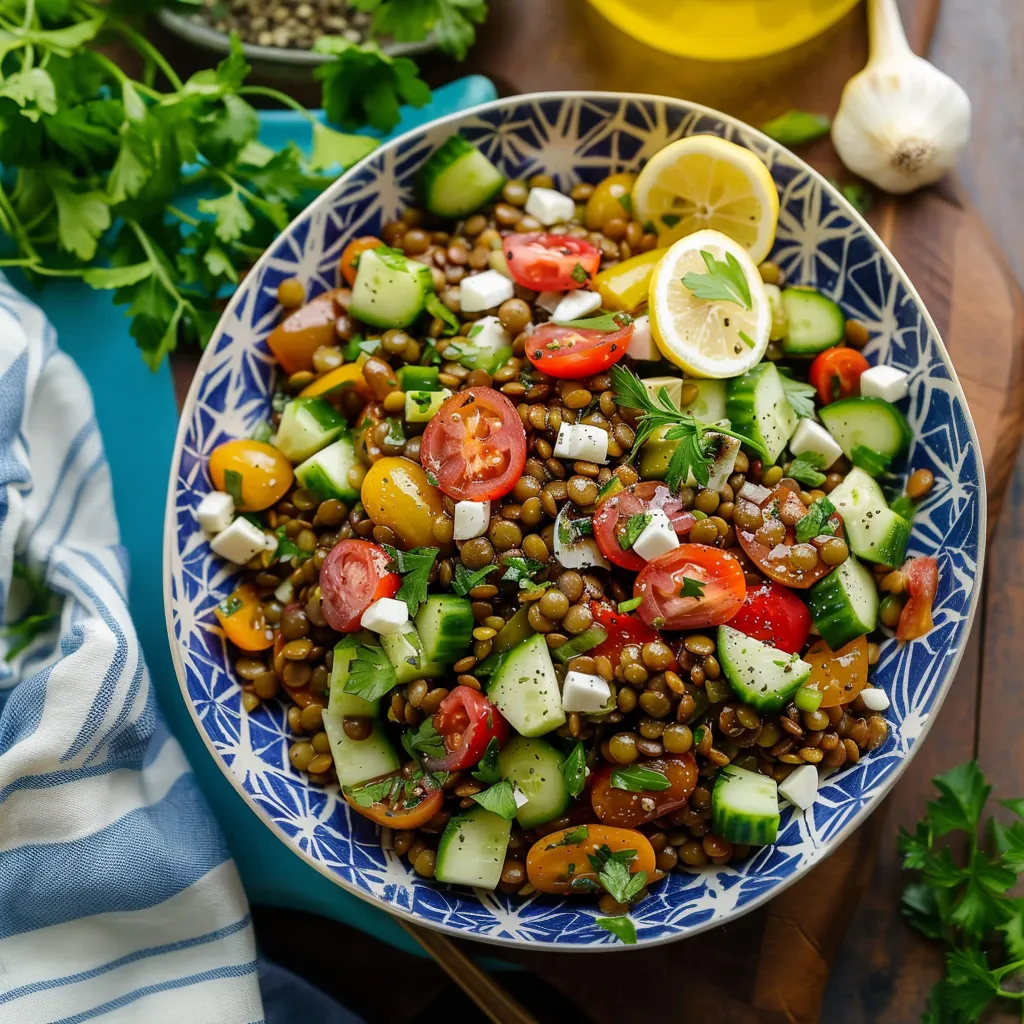 A bowl of vegetables with a lemon wedge on top.