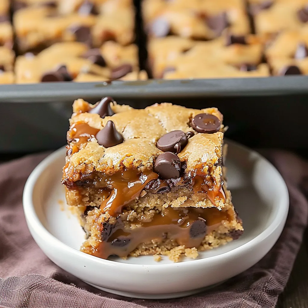 A square of chocolate and caramel cake.