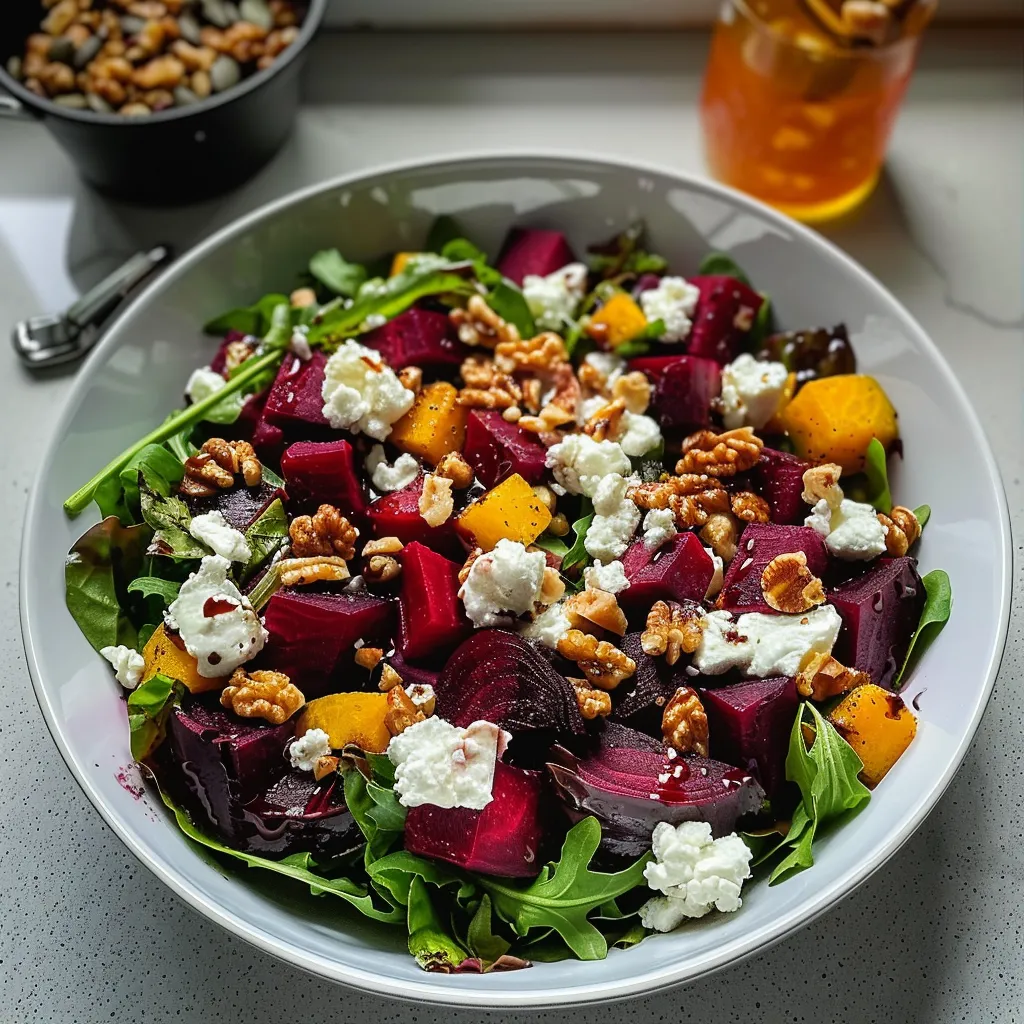A bowl of salad with cheese, nuts, and beets.