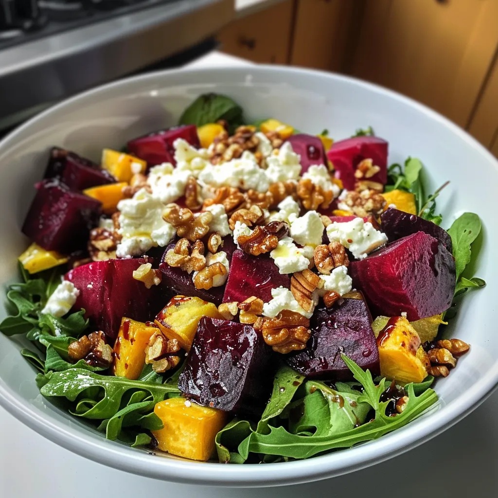 A bowl of salad with feta cheese and walnuts.