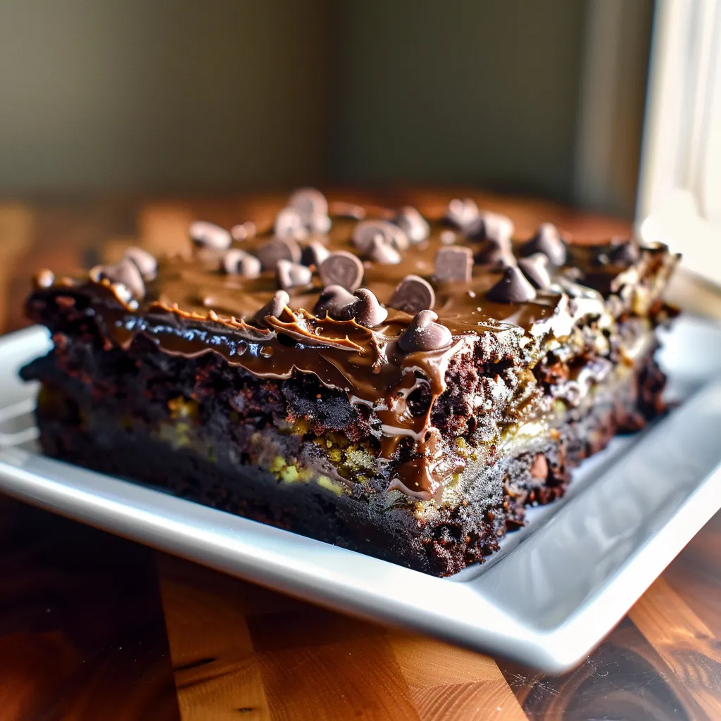 A chocolate cake with chocolate chips on a plate.