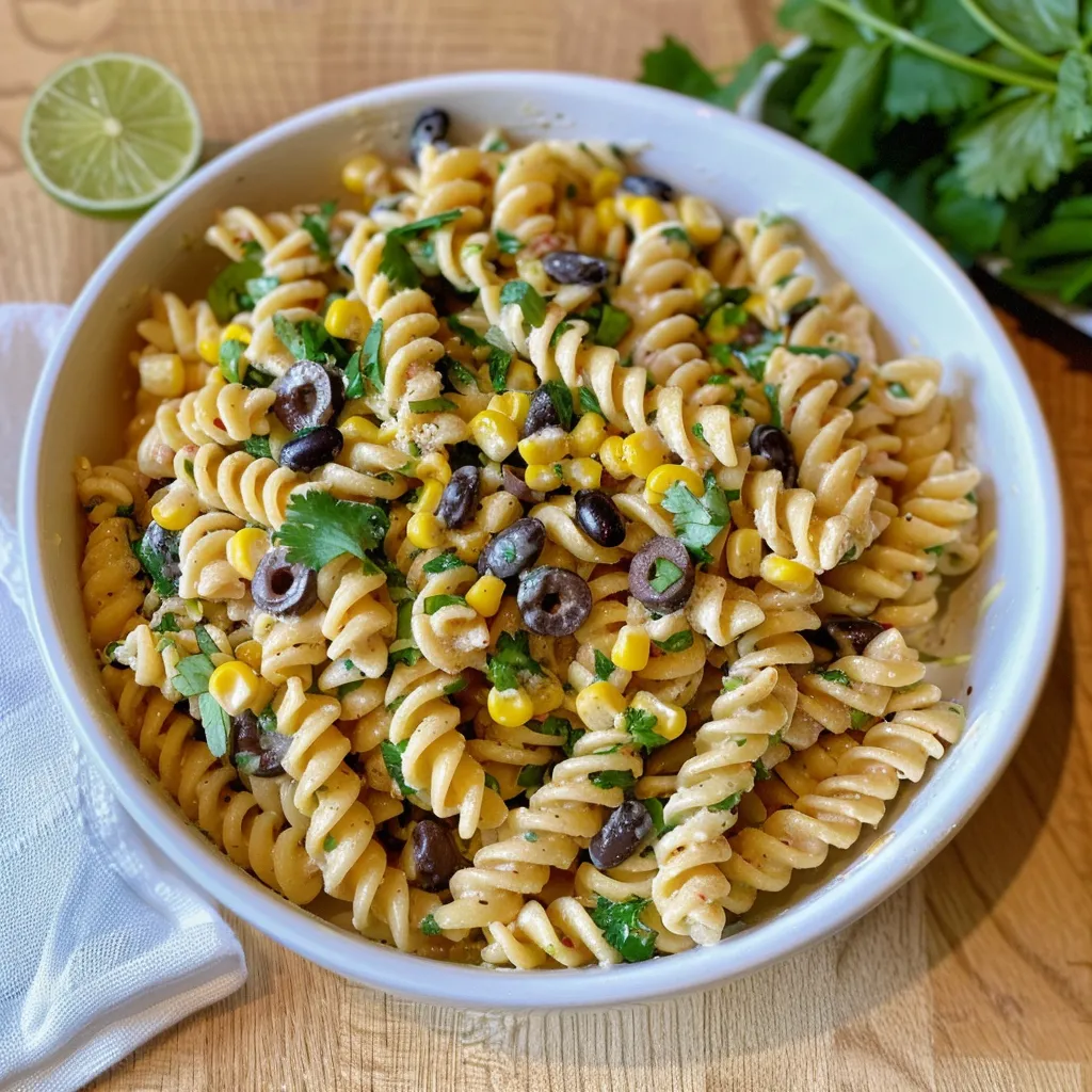 A bowl of pasta with corn and olives.